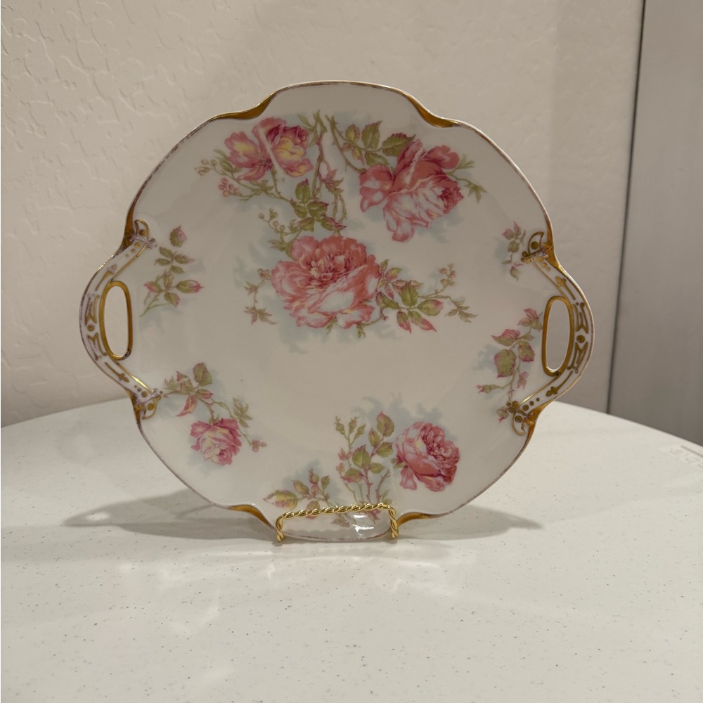 Antique Haviland Limoges Porcelain Handled Tray — Pink “Cabbage Rose